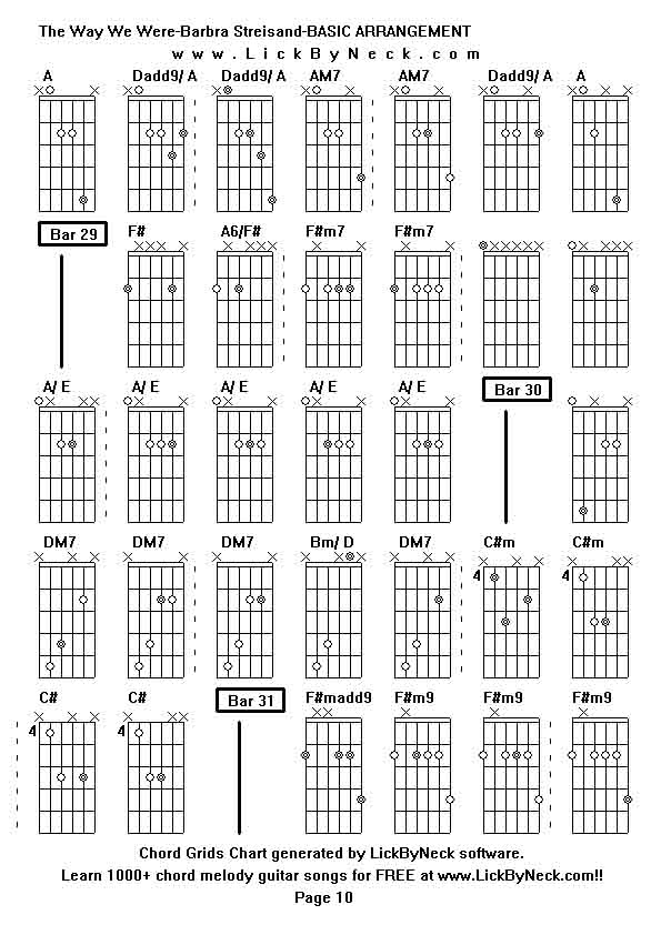 Chord Grids Chart of chord melody fingerstyle guitar song-The Way We Were-Barbra Streisand-BASIC ARRANGEMENT,generated by LickByNeck software.